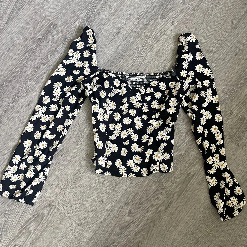 Reformation Reign Daisy Top Black Floral Puff Sleeve Crop Top Size 0